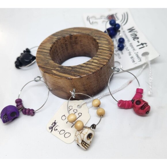 Skull Colorful Wine Glass Charms Set - 6  Themed Unique Charms With Beads & Wood - Picture 1 of 14
